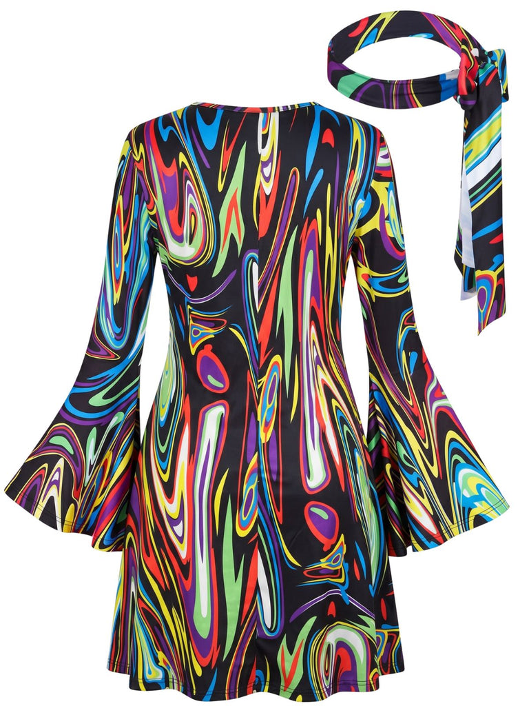 1970s Psychedelic Print Bell Sleeve Mini Dress with Headband, vintage dress, retro fashion - vintage inspired fashion