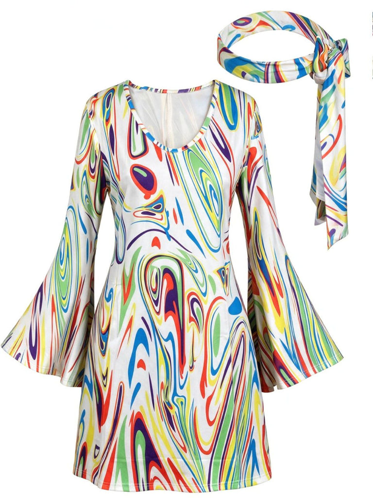 1970s Psychedelic Print Bell Sleeve Mini Dress with Headband, vintage dress, retro fashion - vintage inspired fashion