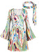 1970s Psychedelic Print Bell Sleeve Mini Dress with Headband, vintage dress, retro fashion - vintage inspired fashion