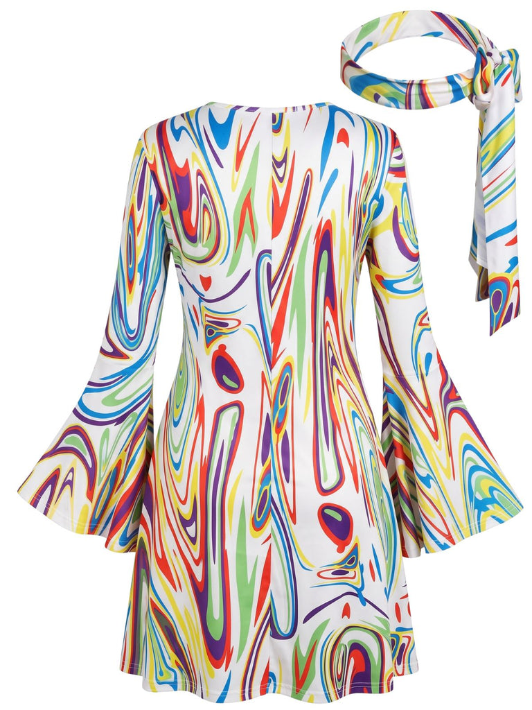 1970s Psychedelic Print Bell Sleeve Mini Dress with Headband, vintage dress, retro fashion - vintage inspired fashion