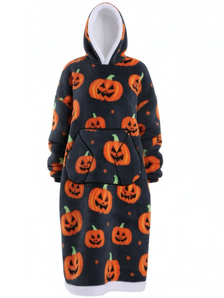 1970s Pumpkin Santas Snowman Blanket Hoodie Lougewear - vintage fashion, retro style