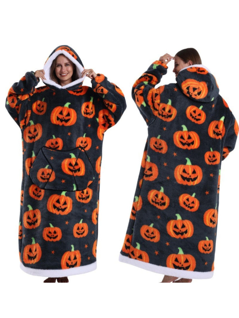 1970s Pumpkin Santas Snowman Blanket Hoodie Lougewear - vintage fashion, retro style