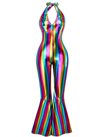 1970s Rainbow Colorblock Disco Halter Jumpsuit - vintage jumpsuit, retro fashion