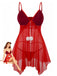 Red 1970s Sheer Babydoll Lace Lingerie Set With Pom Pom - vintage fashion, retro style, elegant red