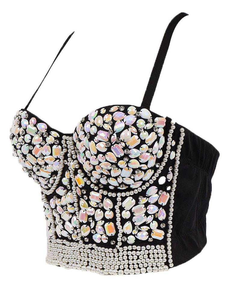 1970s Rhinestone Pearl Spaghetti Strap Corset Top - vintage fashion, retro style