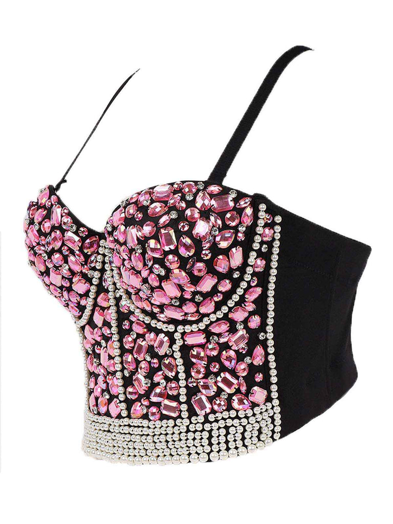 1970s Rhinestone Pearl Spaghetti Strap Corset Top - vintage fashion, retro style