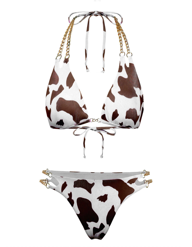 1970s Ribbed Cow Print Chain Halter Bikini Set - vintage fashion, retro style