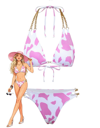 1970s Ribbed Cow Print Chain Halter Bikini Set - vintage fashion, retro style