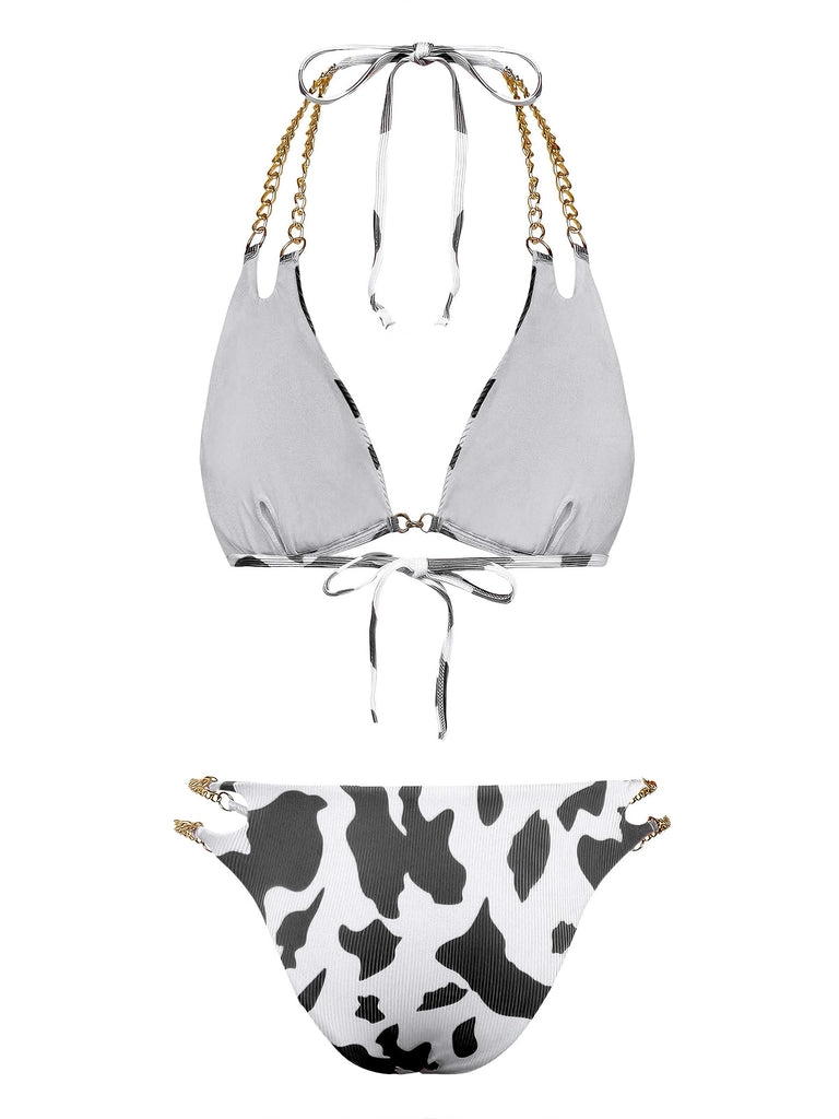 1970s Ribbed Cow Print Chain Halter Bikini Set - vintage fashion, retro style