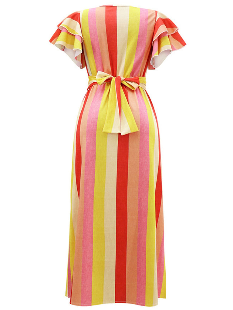 1970s Roman Stripes Ruffle Sleeve Dress: where 1970s romance meets her modern spirit