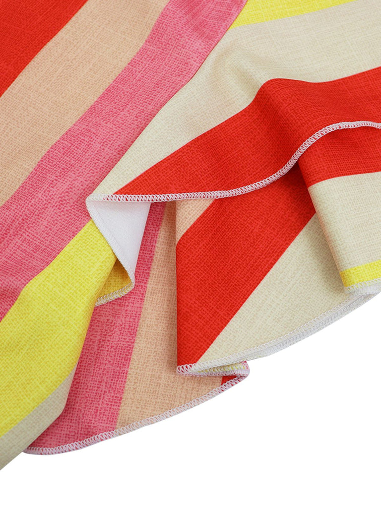 This 1970s Roman Stripes Ruffle Sleeve Dress wraps her in 1970s elegance, one twirl at a time