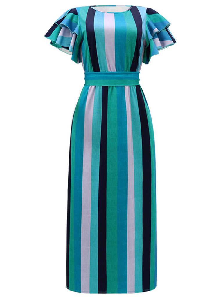 1970s Roman Stripes Ruffle Sleeve Dress — a 1970s silhouette that turns sidewalks into runways