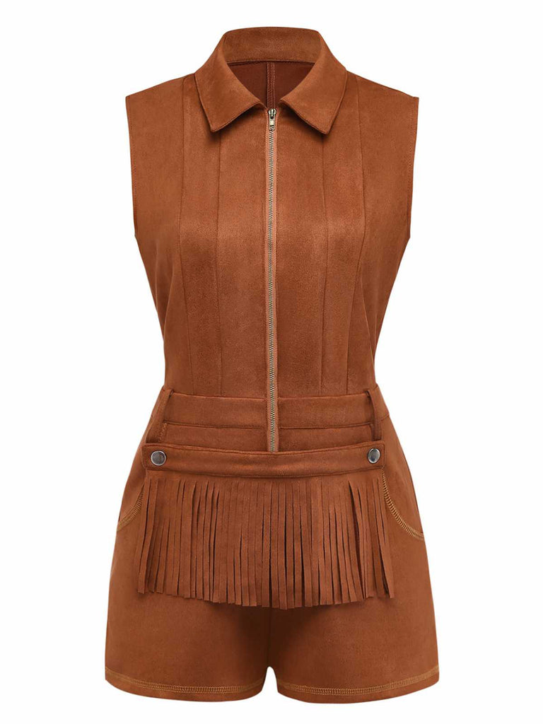 Brown 1970s Western Cowboy Suede Fringe Sleeveless Romper - vintage jumpsuit, retro fashion