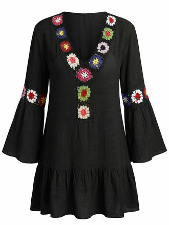 1970s Ruffle Embroidery Floral V-Neck Cover-Up - bohemian cover up, beach wear for vintage lovers