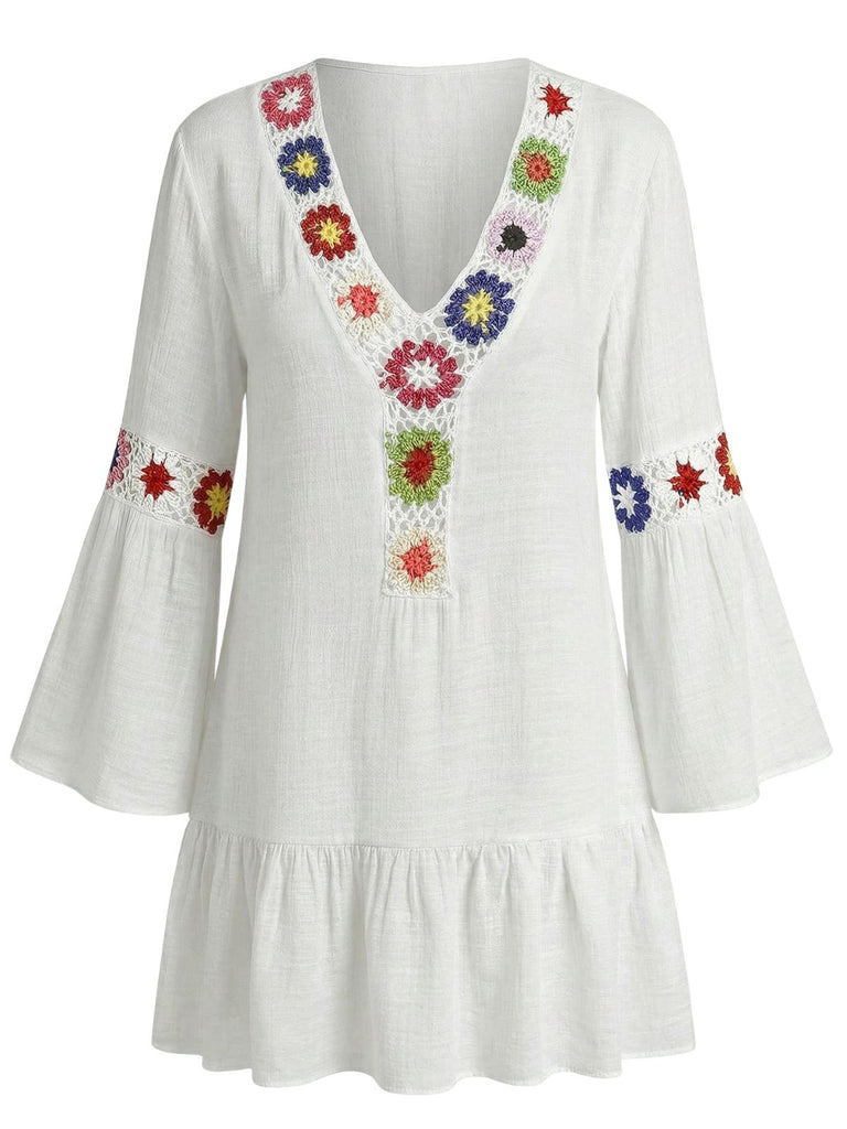 1970s Ruffle Embroidery Floral V-Neck Cover-Up - bohemian cover up, beach wear for vintage lovers