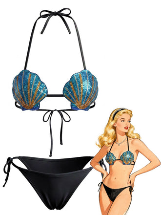 1970s Sequined Embellished Shell Triangle Bikini Set, vintage swimsuit, pin-up swimwear, retro beach style, women, elegant