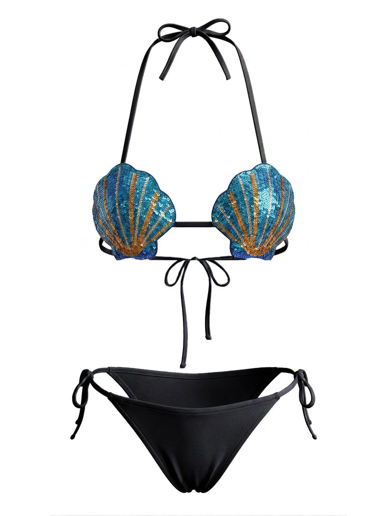 1970s Sequined Embellished Shell Triangle Bikini Set, vintage swimsuit, pin-up swimwear, retro beach style, women, elegant