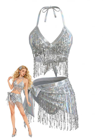 Silver 1970s Holographic Sequin Fringe Bikini Set & Cover-up - vintage fashion, retro style