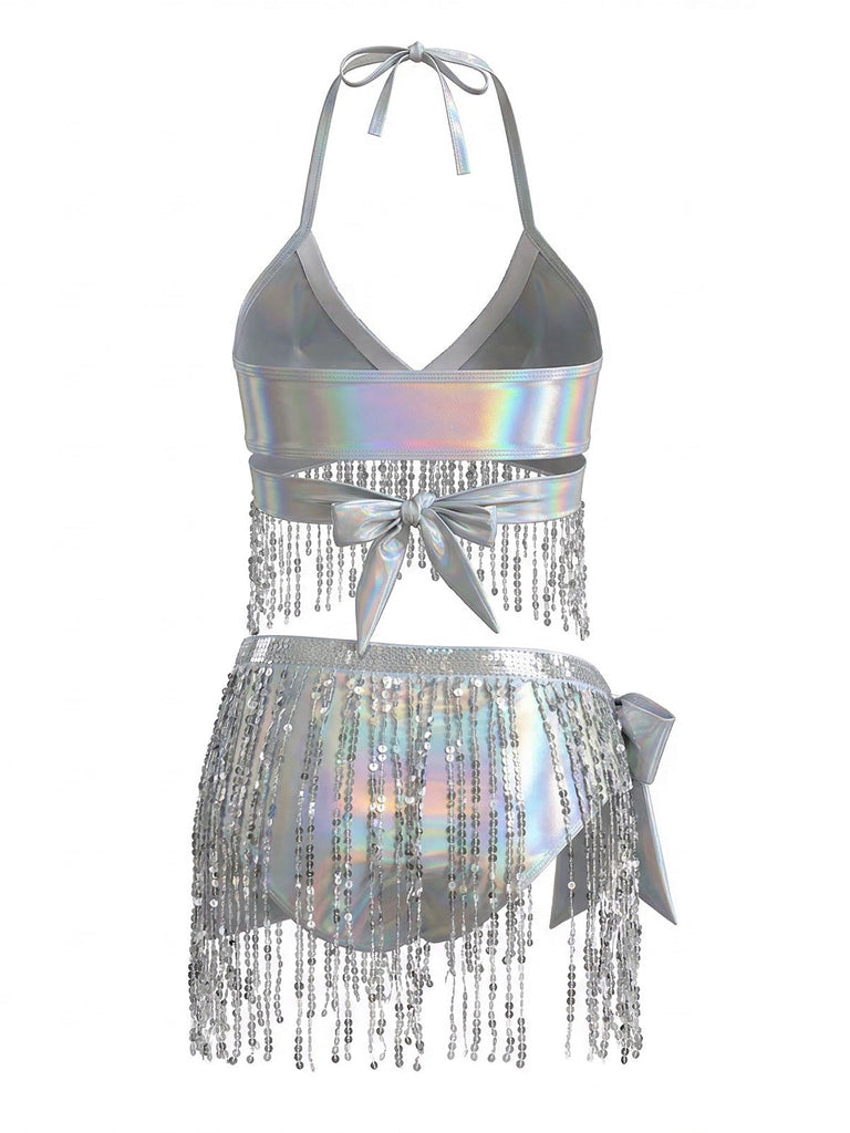 Silver 1970s Holographic Sequin Fringe Bikini Set & Cover-up - vintage fashion, retro style