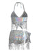 Silver 1970s Holographic Sequin Fringe Bikini Set & Cover-up - vintage fashion, retro style