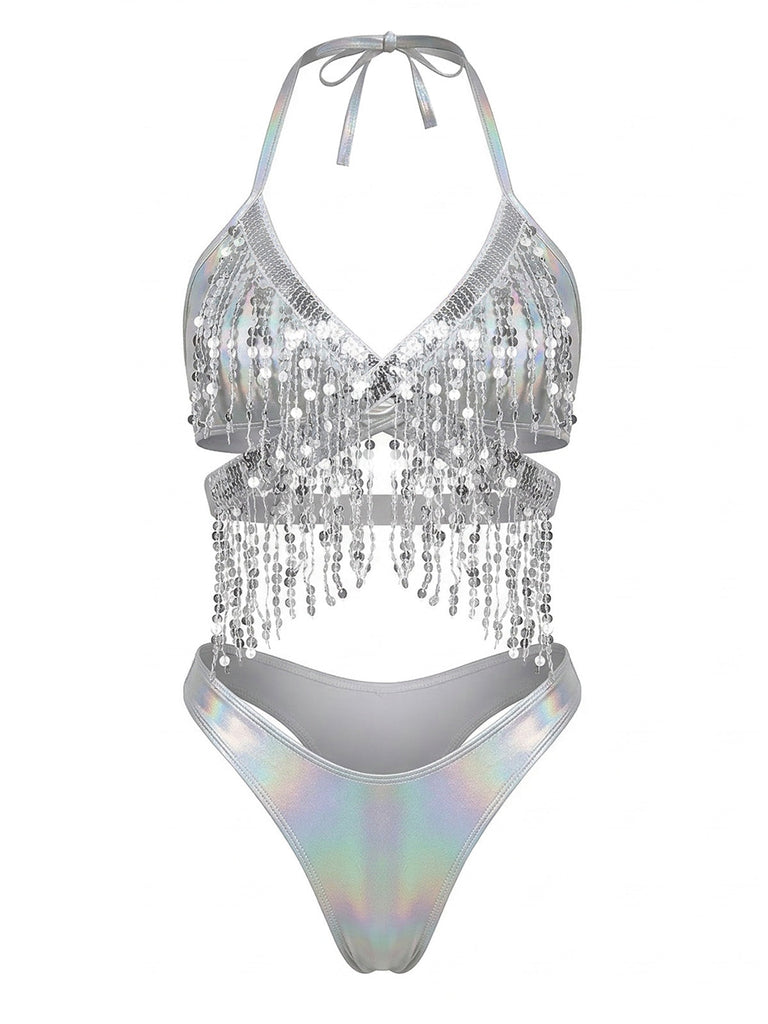 Silver 1970s Holographic Sequin Fringe Bikini Set & Cover-up - vintage fashion, retro style
