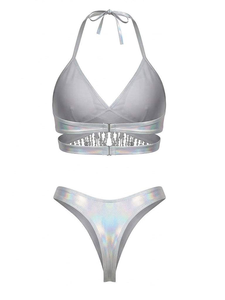 Silver 1970s Holographic Sequin Fringe Bikini Set & Cover-up - vintage fashion, retro style