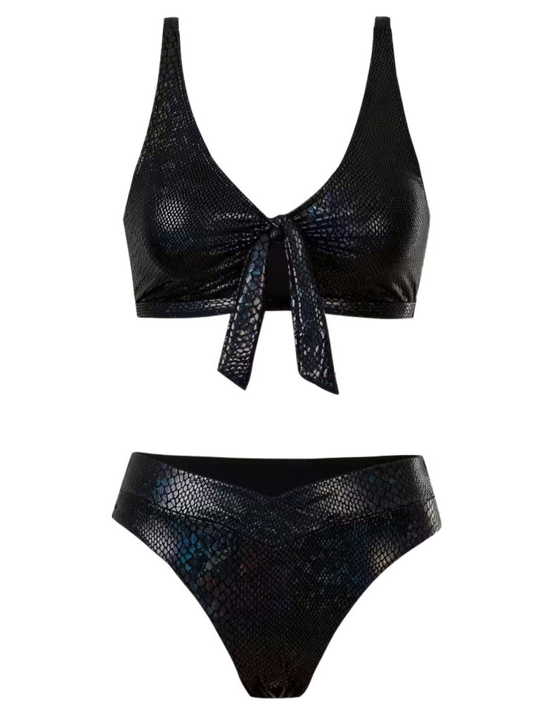 1970s Snakeskin Metallic Tie-Front Bikini Set - vintage fashion, retro style