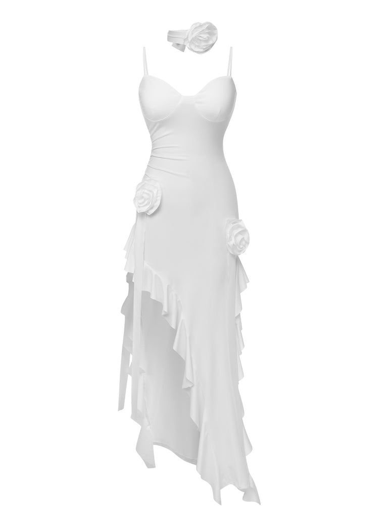 1970s Solid 3D Rose Ruffle High Low Hem Dress, vintage dress, retro fashion - perfect for women who love vintage and retro fashion
