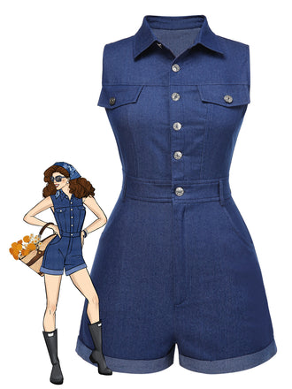 She finds her 1970s story in this 1970s Solid Cotton Sleeveless Denim Romper