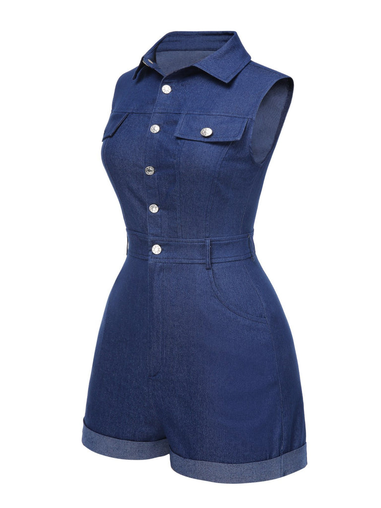 She finds her 1970s story in this 1970s Solid Cotton Sleeveless Denim Romper