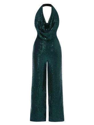 1970s Solid Cowl Neck Halter Sequined Jumpsuit - vintage jumpsuit, retro fashion