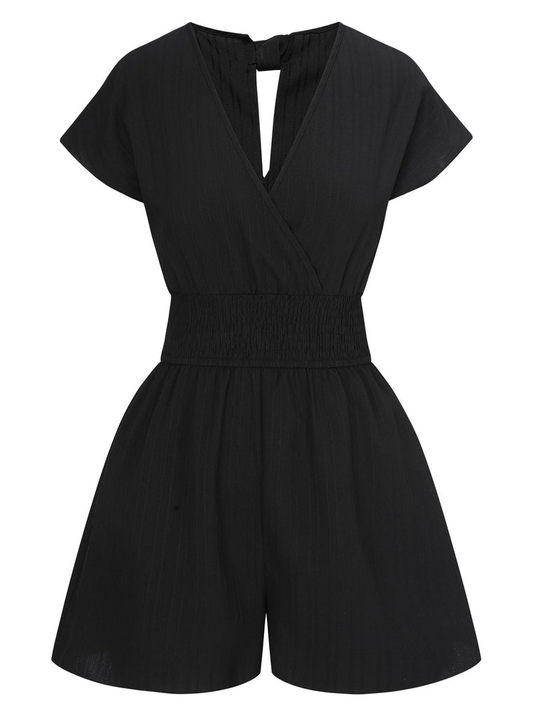 1970s Solid Elastic Waist Wrap V-Neck Romper, vintage romper, retro jumpsuit - perfect for women who love vintage and retro fashion