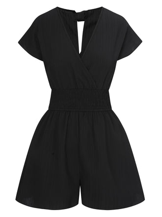 1970s Solid Elastic Waist Wrap V-Neck Romper, vintage romper, retro jumpsuit - perfect for women who love vintage and retro fashion