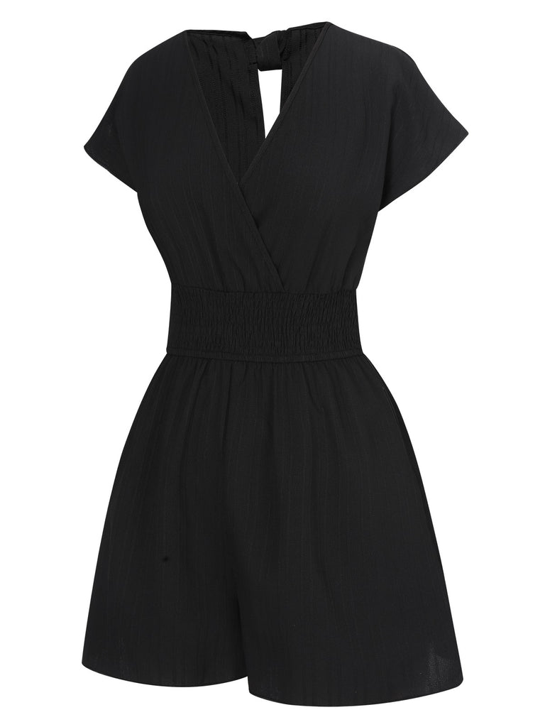 1970s Solid Elastic Waist Wrap V-Neck Romper, vintage romper, retro jumpsuit - perfect for women who love vintage and retro fashion