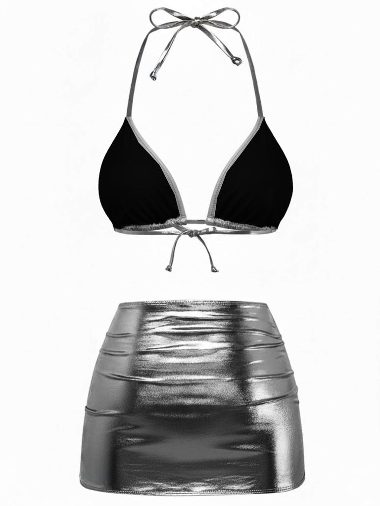 1970s Solid Halter Metallic Bikini Set, vintage swimsuit, pin-up swimwear - perfect for women who love vintage and retro fashion