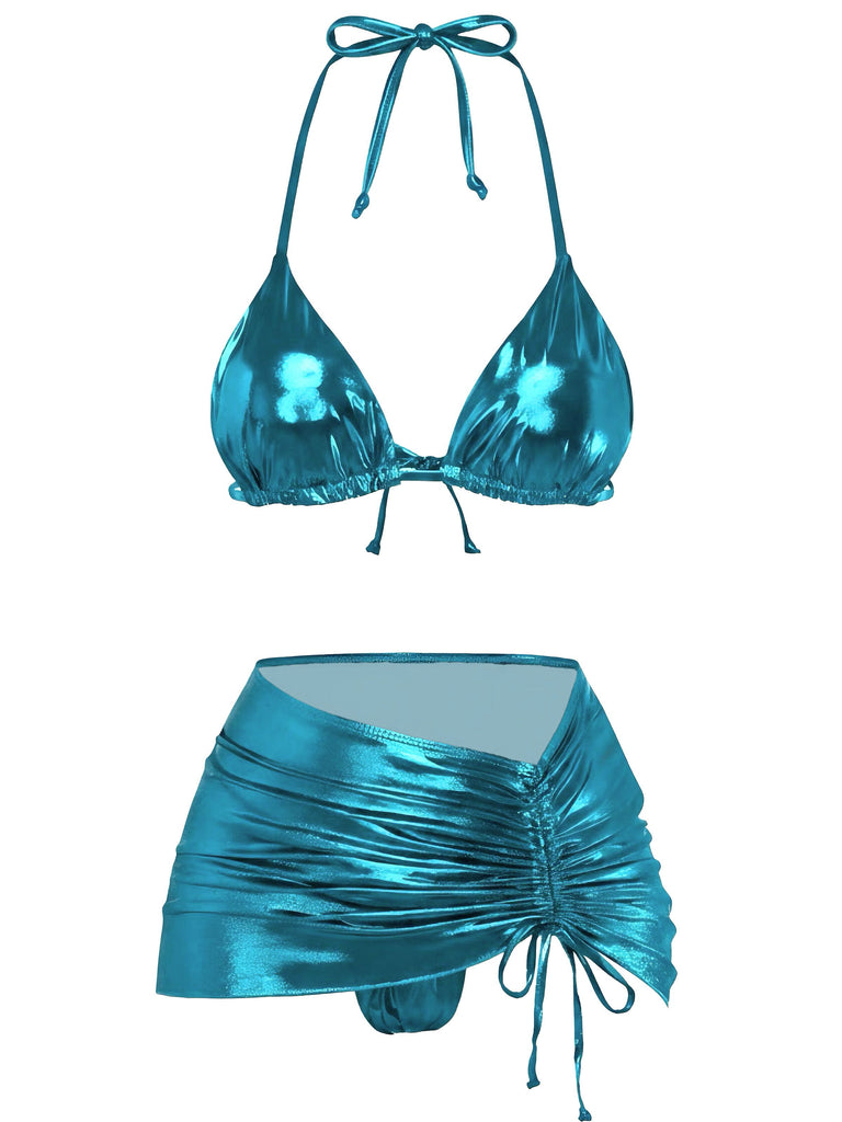 1970s Solid Halter Metallic Bikini Set, vintage swimsuit, pin-up swimwear - perfect for women who love vintage and retro fashion