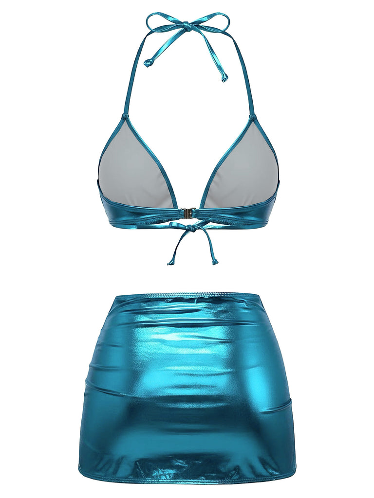 1970s Solid Halter Metallic Bikini Set, vintage swimsuit, pin-up swimwear - perfect for women who love vintage and retro fashion