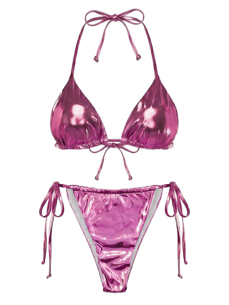 1970s Solid Halter Metallic Bikini Set, vintage swimsuit, pin-up swimwear - perfect for women who love vintage and retro fashion