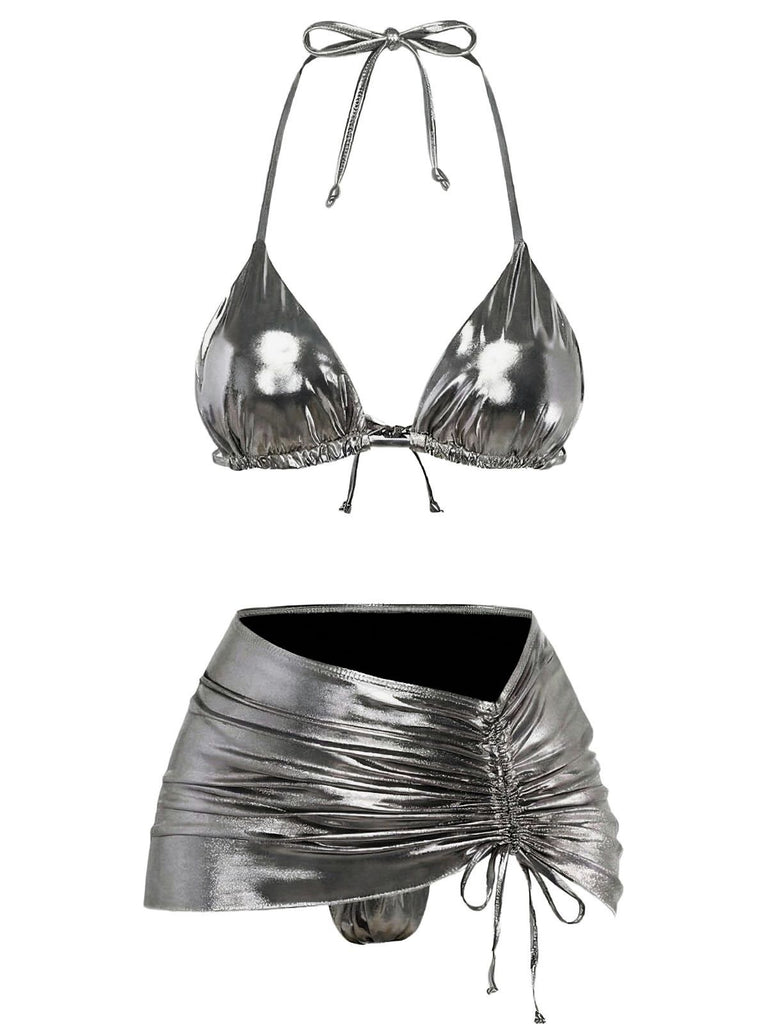 1970s Solid Halter Metallic Bikini Set, vintage swimsuit, pin-up swimwear - perfect for women who love vintage and retro fashion