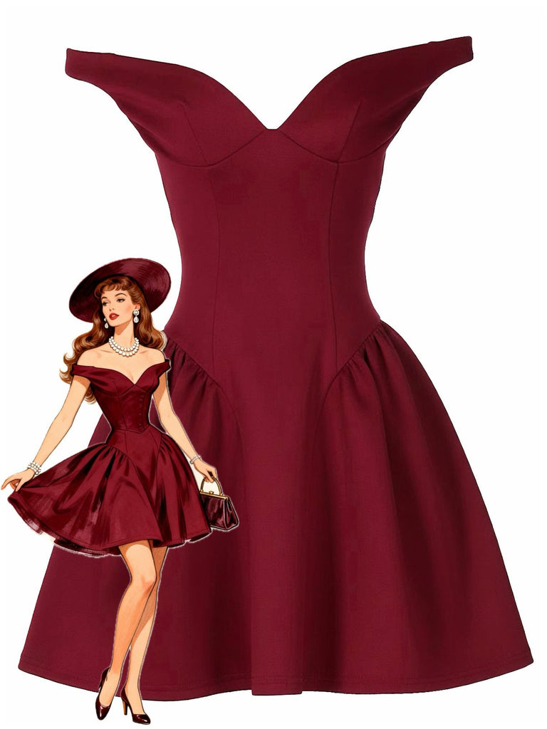 1970s Solid Off-Shoulder Deep V-Neck Skater Dress - vintage dress, retro fashion