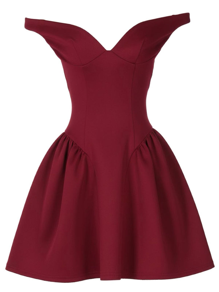1970s Solid Off-Shoulder Deep V-Neck Skater Dress - vintage dress, retro fashion