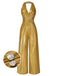 A shimmering gold 1970s style halter jumpsuit with a deep V-neck and wide-leg trousers, featuring ornate button details on the waist.