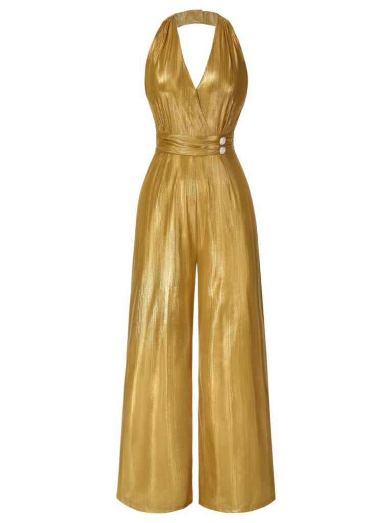 1970s Solid V-Neck Halter Jumpsuit: timeless 1970s elegance she makes her own
