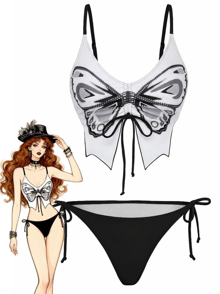 1970s Spaghetti Strap Butterfly Lace-Up Bikini Set - vintage fashion, retro style