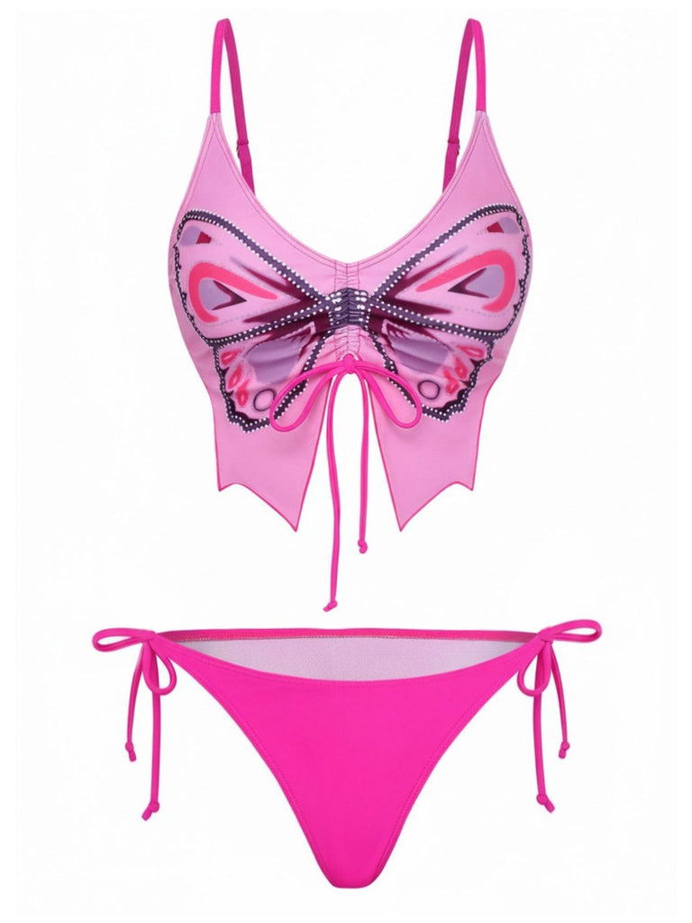 1970s Spaghetti Strap Butterfly Lace-Up Bikini Set - vintage fashion, retro style
