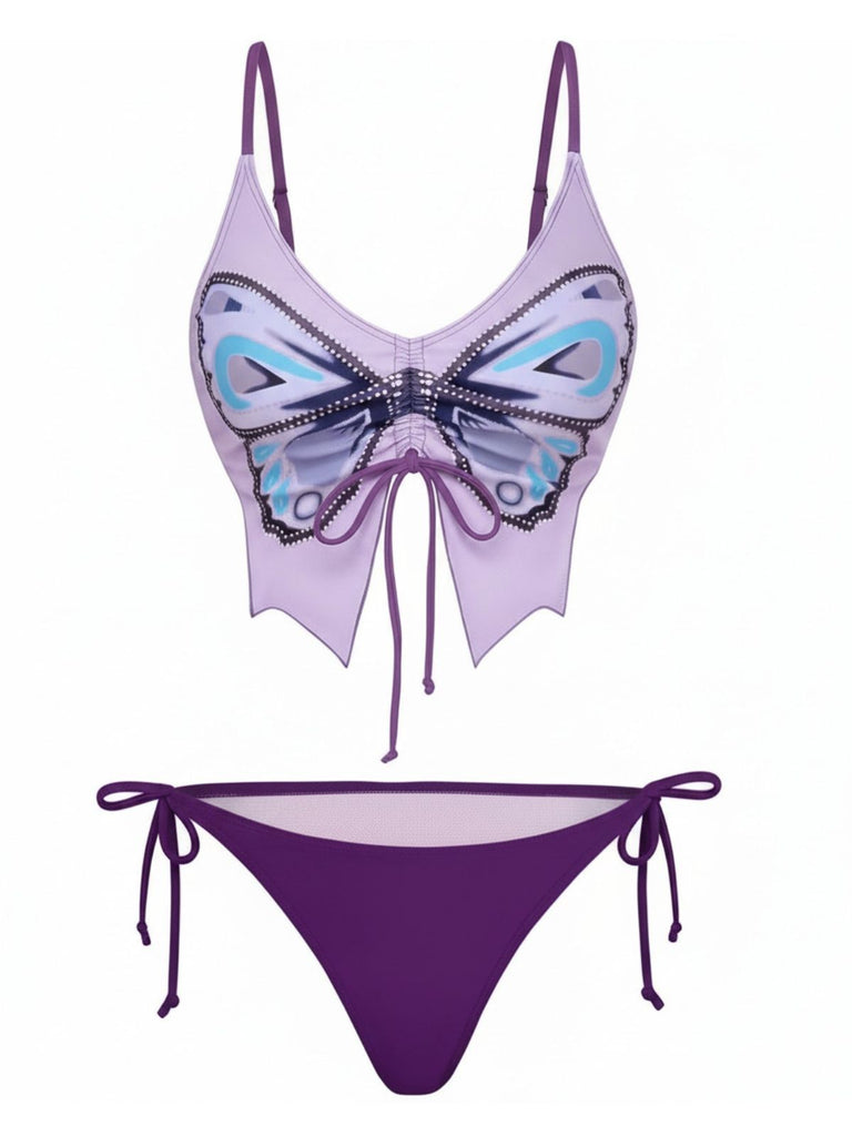 1970s Spaghetti Strap Butterfly Lace-Up Bikini Set - vintage fashion, retro style