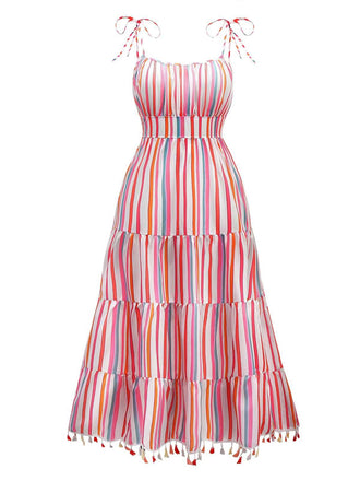 1970s Spaghetti Strap Rainbow Stripes Tiered Dress - vintage dress, retro fashion, elegant red