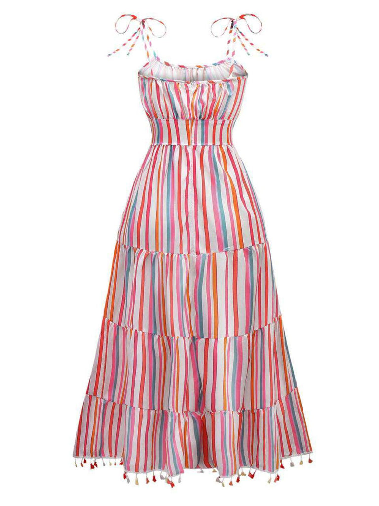 1970s Spaghetti Strap Rainbow Stripes Tiered Dress - vintage dress, retro fashion, elegant red