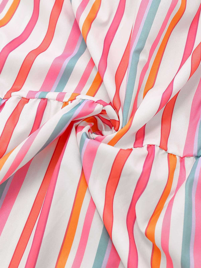 1970s Spaghetti Strap Rainbow Stripes Tiered Dress - vintage dress, retro fashion, elegant red