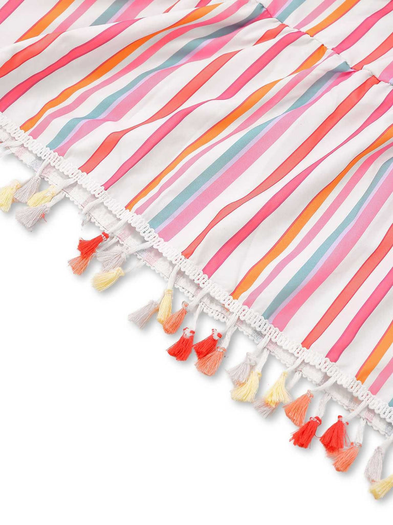 1970s Spaghetti Strap Rainbow Stripes Tiered Dress - vintage dress, retro fashion, elegant red